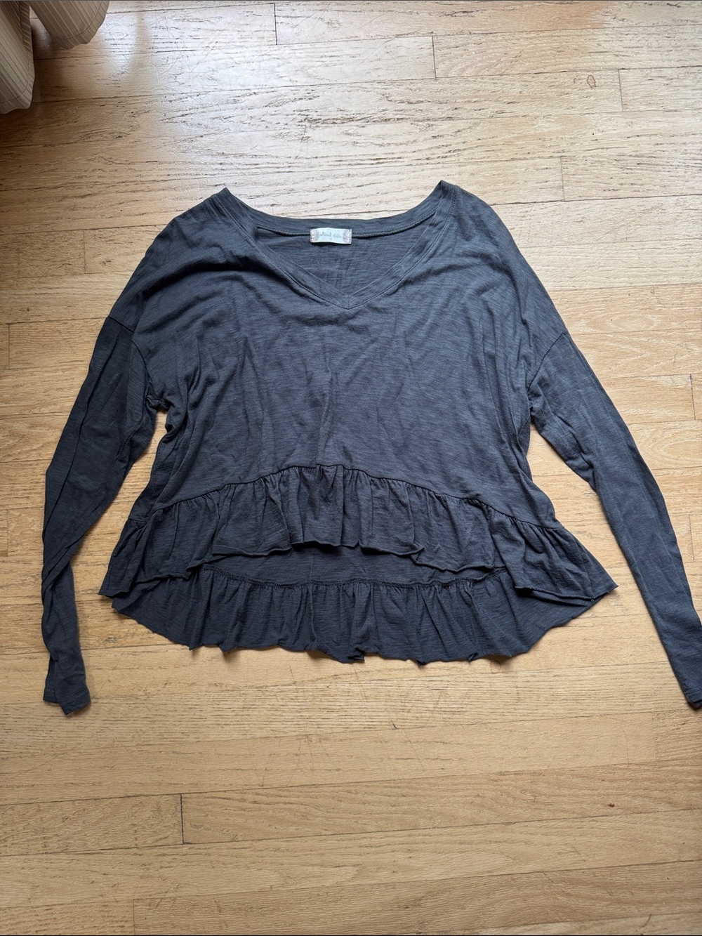 Altar'd State Charcoal Ruffle-Hem V-Neck Long Sleeve Top